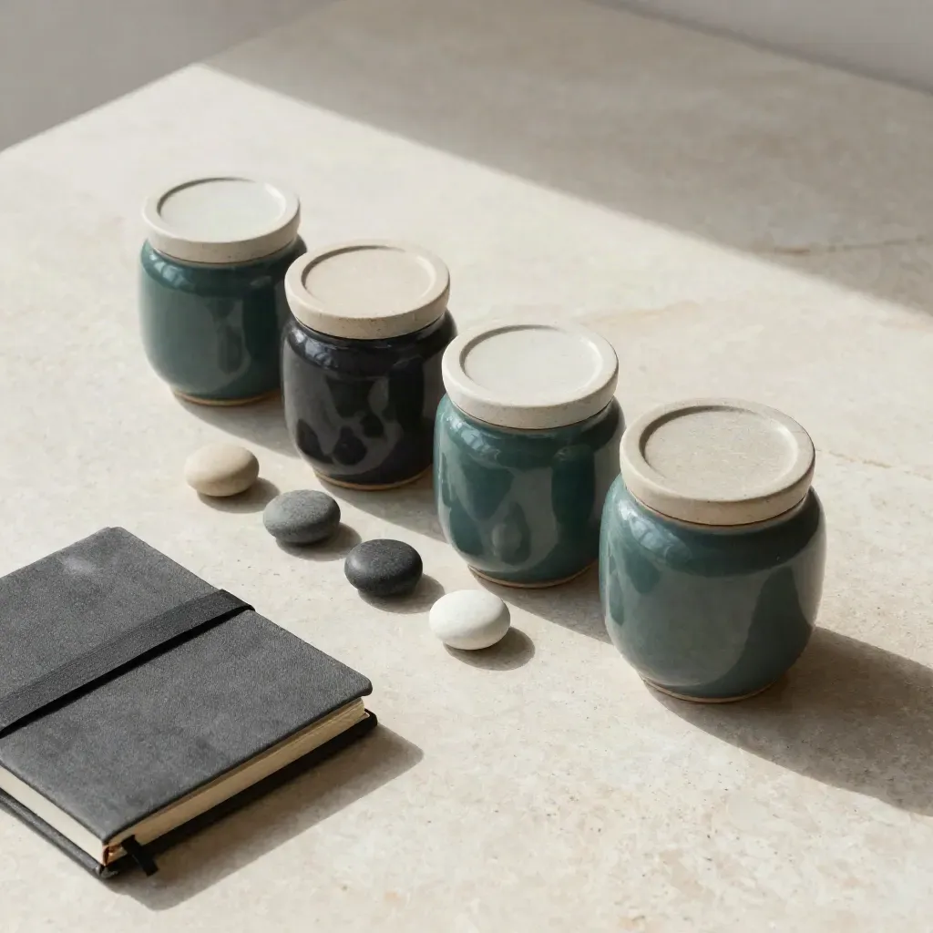 Overhead flatlay of ceramic jars, stone tokens, and a closed notebook on limestone