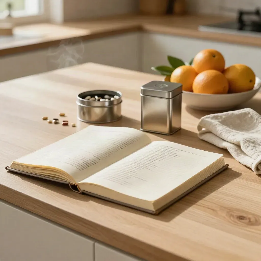 Wellness items on a kitchen counter: symptom journal, tea tin, pill caddy, citrus bowl, linen towel.