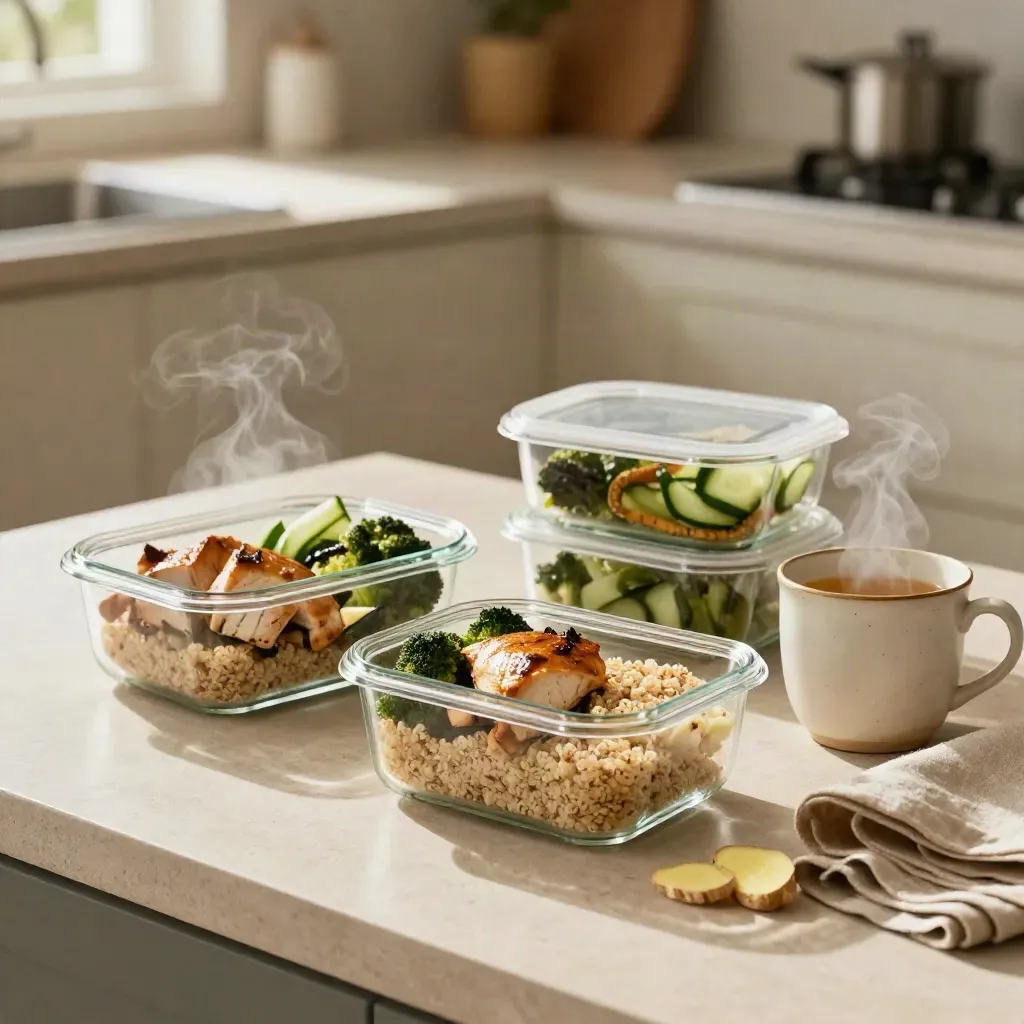 Three meal-prep containers with ginger tea on a pale stone kitchen counter