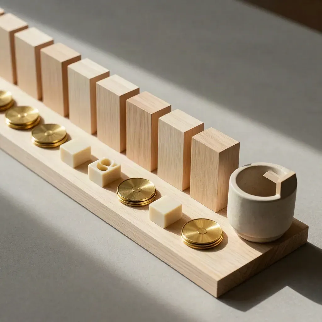 Top-down habit tracking blocks, brass tokens, calendar cubes and pen cup on pale wood.
