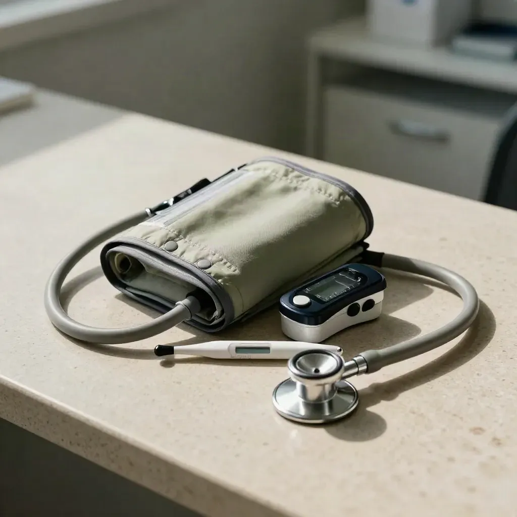 Blood pressure cuff, pulse oximeter, thermometer, and stethoscope on a sand-toned counter.