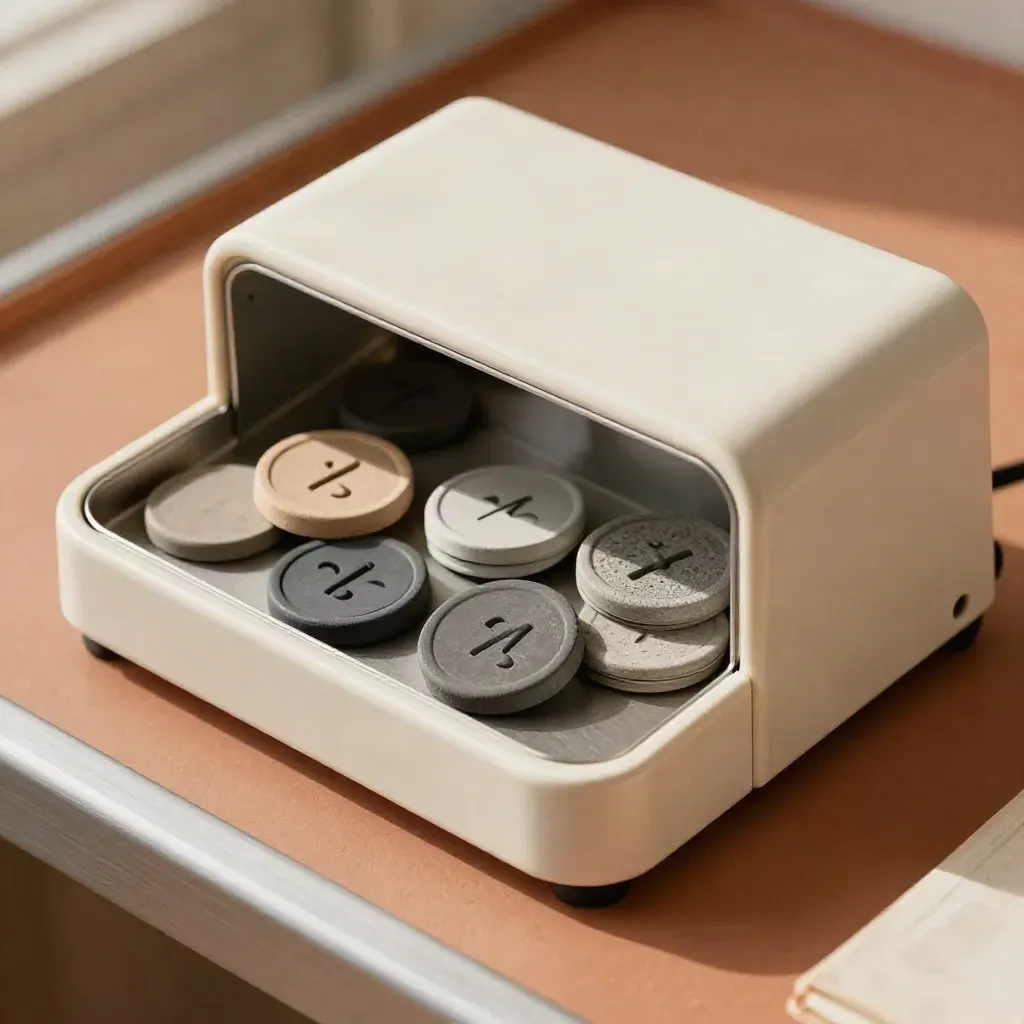 Phone cradle, inbox trays, status tokens and a desk timer on terracotta.
